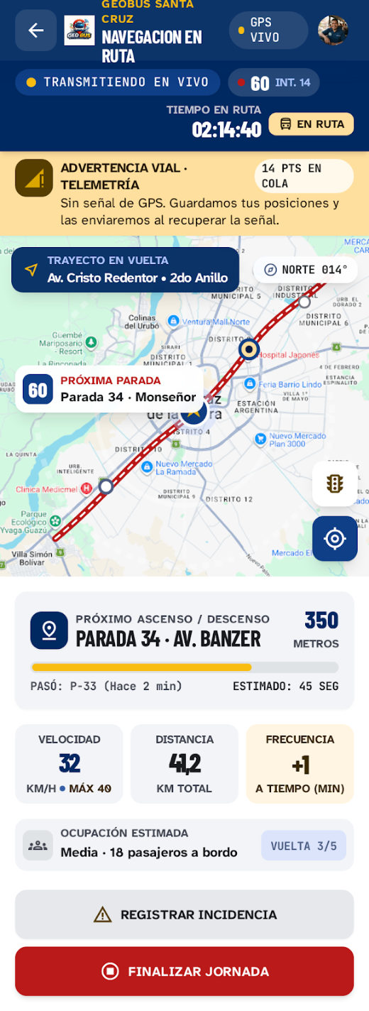 Pantalla del conductor transmitiendo su ubicación durante la jornada